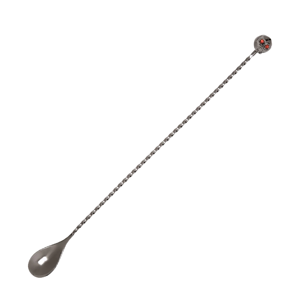 Cocktail Kingdom Beachbum Berry Skull Spoon Gunmetal 33cm na beloj pozadini