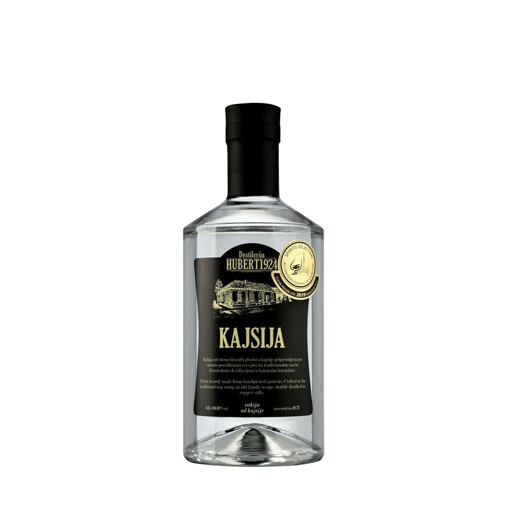 Destilerija Hubert 1924 Kajsija Rakija od voća 40% Vol. 0,7L na beloj pozadini