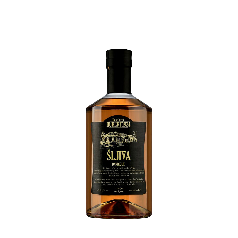 Destilerija Hubert 1924 Šljiva Barrique Rakija od voća 42% Vol. 0,7L na beloj pozadini