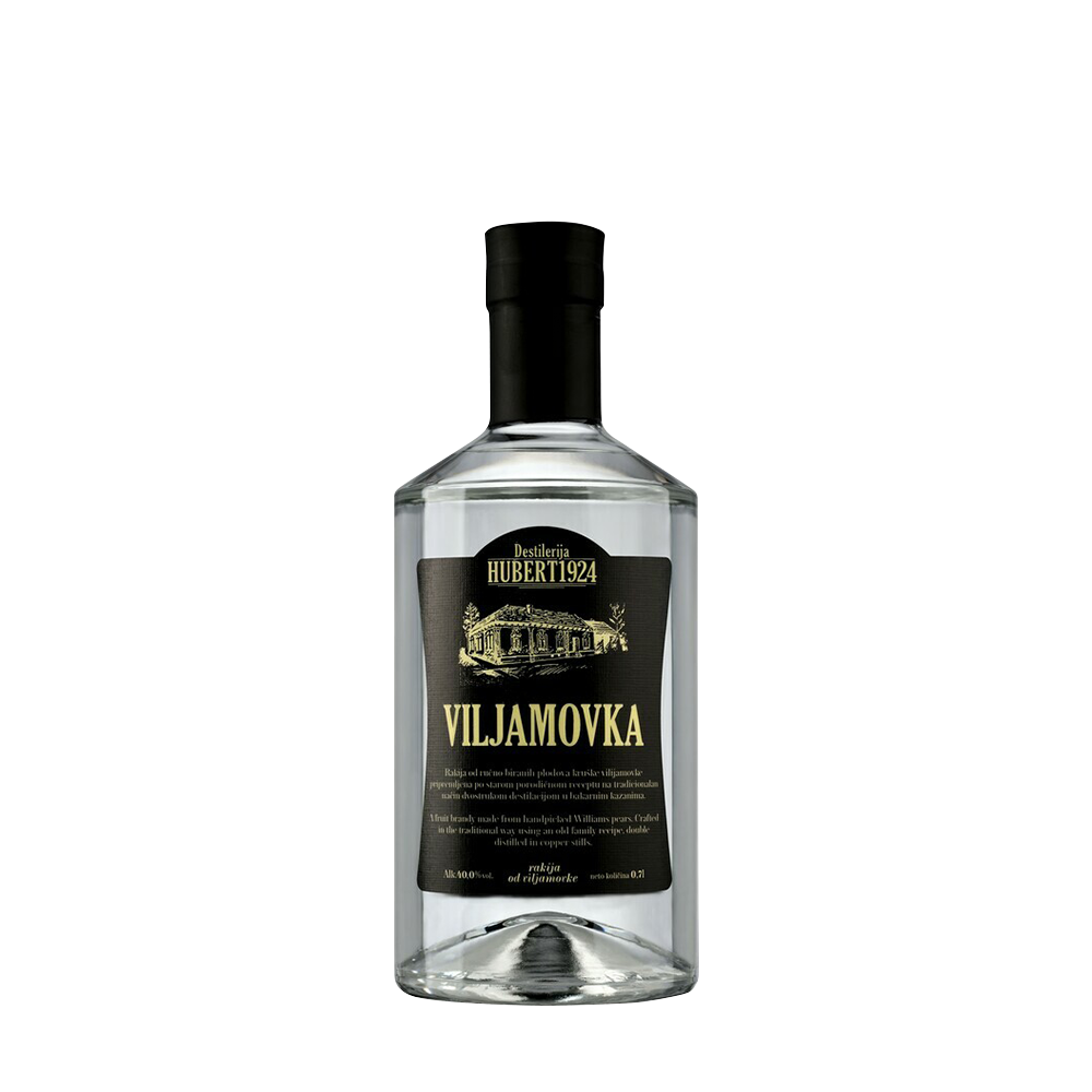Destilerija Hubert 1924 Viljamovka Rakija od voća 40% Vol. 0,7L na beloj pozadini