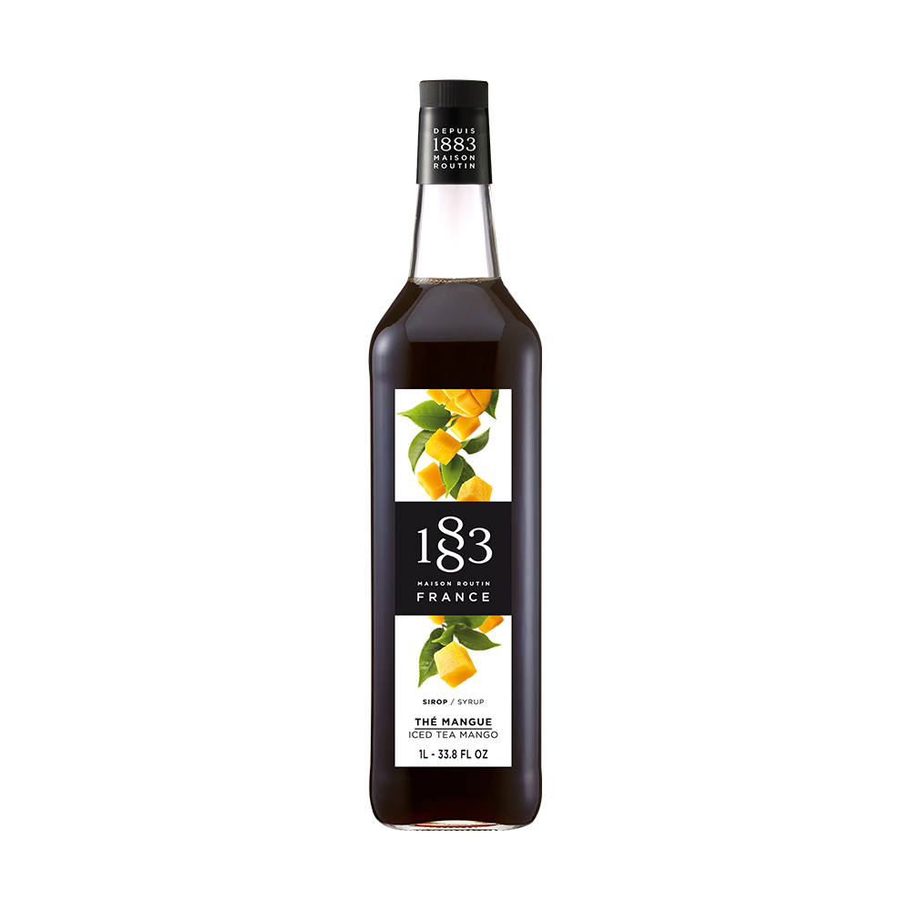 maison routin 1883 flaša iced tea sirupa ukusa mango na beloj pozadini