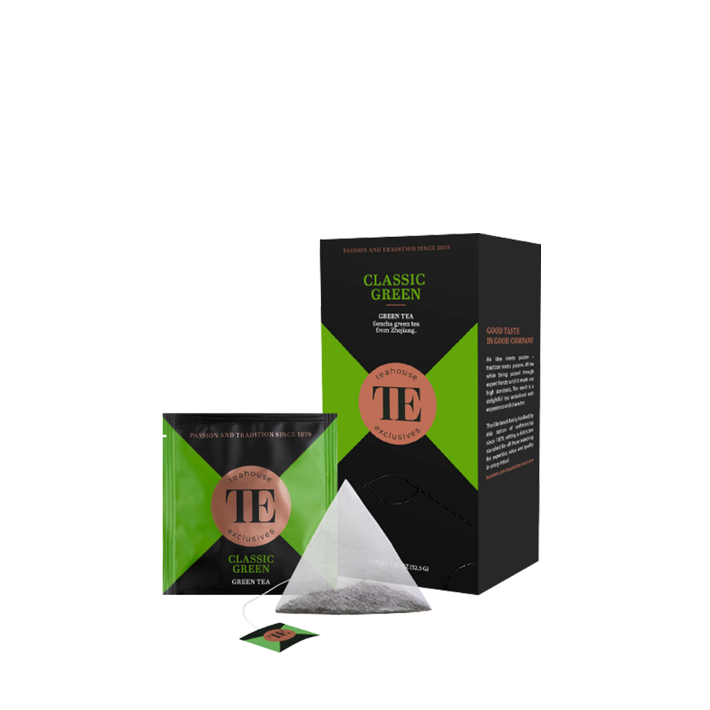 Čaj Gourmet Tea Bag Classic Green Teahouse Exclusives na beloj pozadini