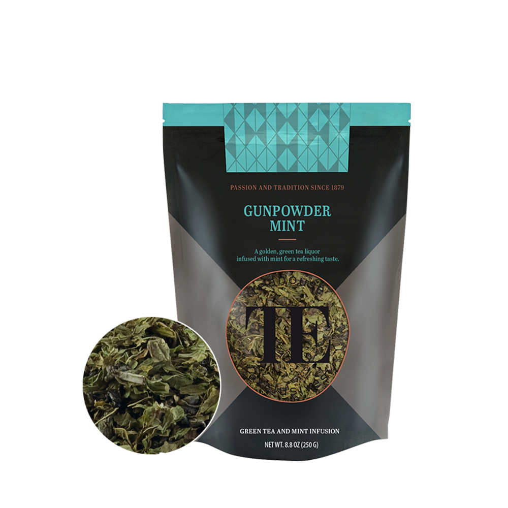 Čaj Luxury Loose Tea Gunpowder Mint Teahouse Exclusives na beloj pozadini