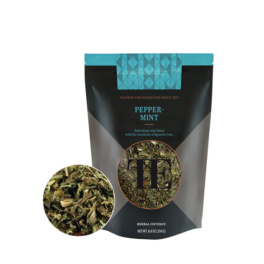 Čaj Luxury Loose Tea Peppermint Teahouse Exclusives na beloj pozadini